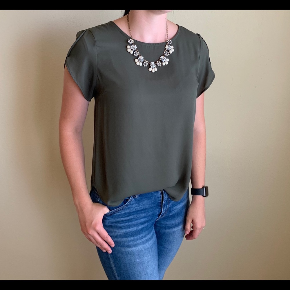 Olive green, short sleeve blouse.